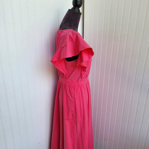 Ann Taylor Pink Poplin Flutter Sleeve V Neck Midi Dress Pockets Cotton Blend 4 - Picture 4 of 13